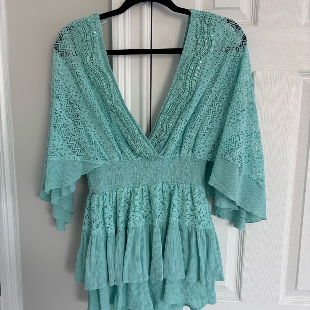 NWOT. River Island, Elegant Teal Lace sleeved floaty beach Romper